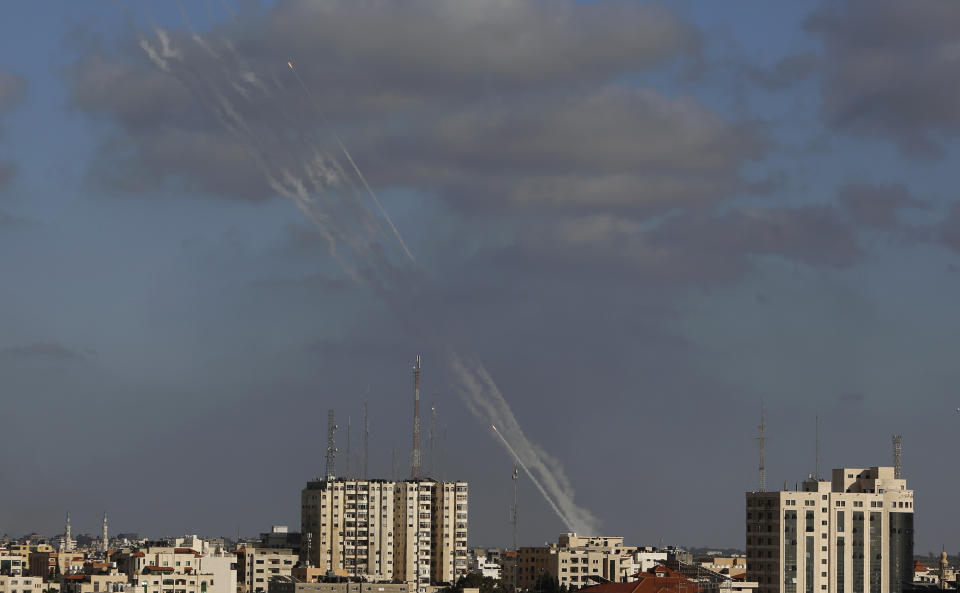 Rockets are launched from the Gaza Strip to Israel, Monday, May 17, 2021. (AP Photo/Hatem Moussa)