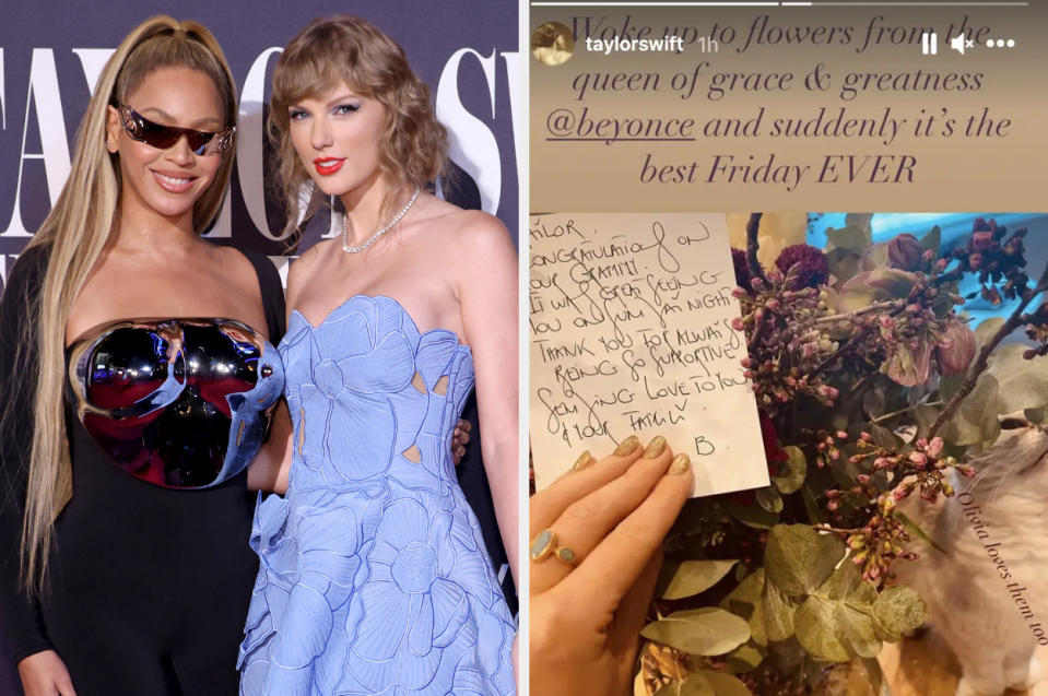 Beyonce and Taylor Swift side by side with Taylor sharing the flowers beyonce sent her