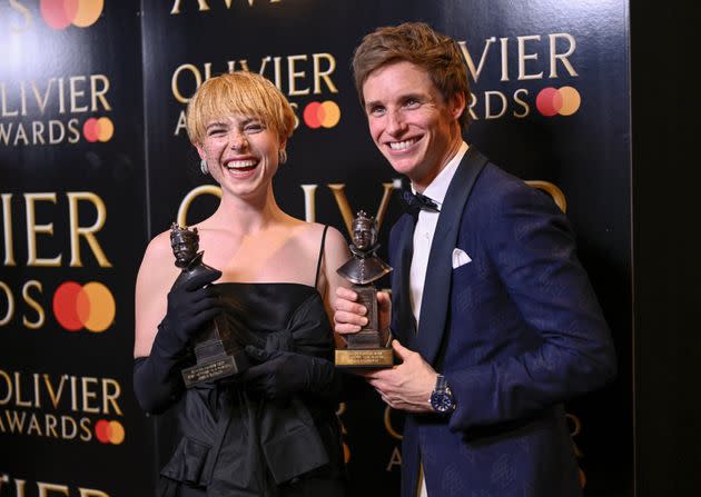 Jessie Buckley, winner of the Best Actress in a Musical award for Cabaret, and Eddie Redmayne, winner of the Best Actor in a Musical award for Cabaretin the winner's room during The Olivier Awards 2022. (Photo: Gareth Cattermole via Getty Images)