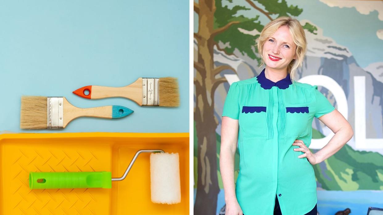  Colorful paint supplies including a roller, bucket, and brushes on a blue background next to a photo of Emily Henderson in a green vintage shirt with a tropical looking indoor background. 