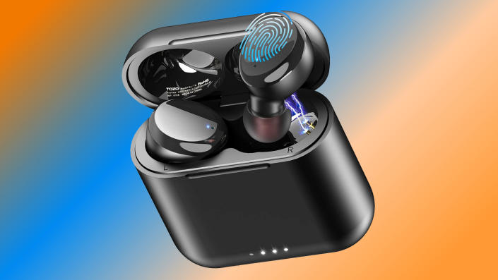 Tozo wireless earbuds shown in charging case with fingerprint on one to show touch capability. 