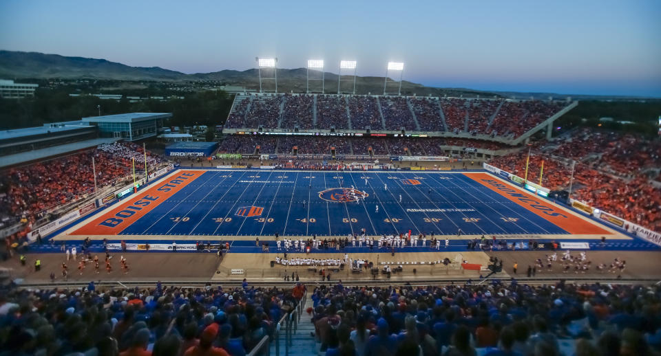 FILE - Albertsons Stadium is shown during the first half of an NCAA college football game between Idaho State and Boise State in Boise, Idaho, Sept. 18, 2015. Artificial turf has come a long way since since it was introduced on a grand stage to the sports world in 1966 at the Astrodome in Houston. (AP Photo/Otto Kitsinger, File)