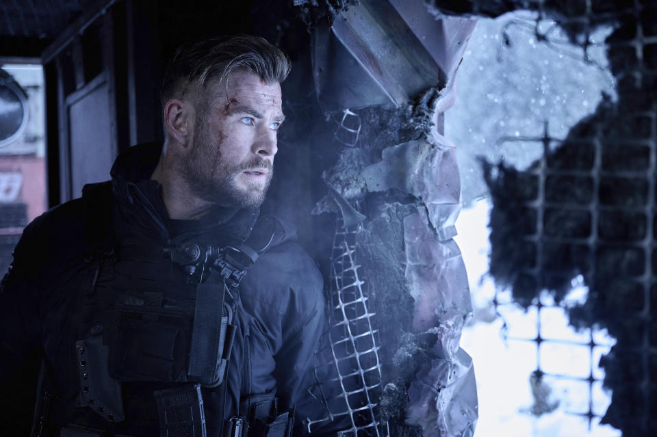 This image released by Netflix shows Chris Hemsworth in a scene from "Extraction 2." (Jasin Boland/Netflix via AP)