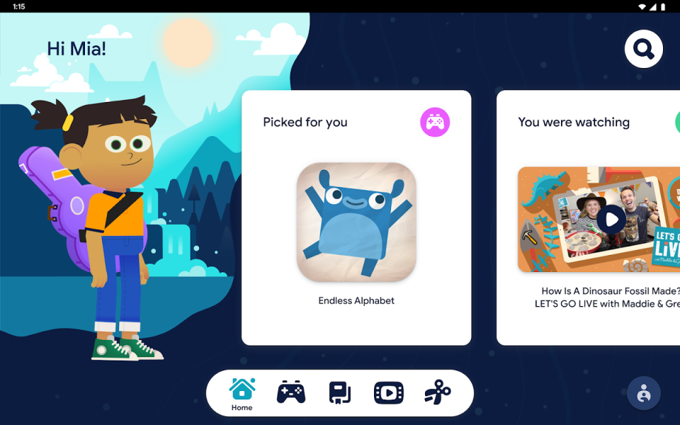 Screenshot from the Google Pixel Tablet’s Kids Space. A kid-friendly interface shows a cartoon of the child with the text 