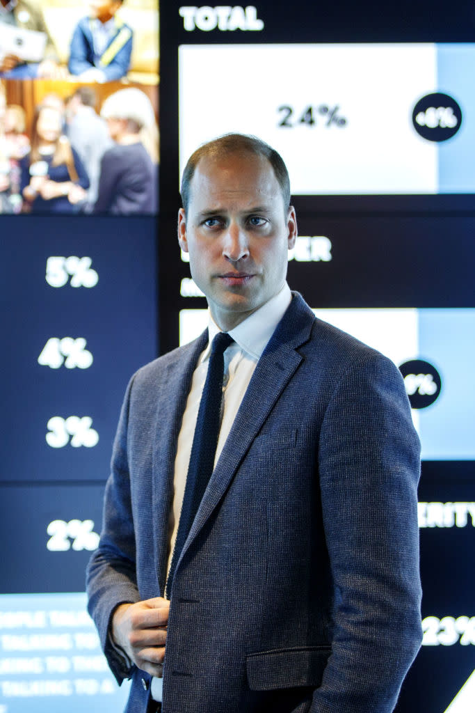 Britain's Prince William, Duke of Cambridge listens at a briefing on the progress of the 'Heads Together' campaign
