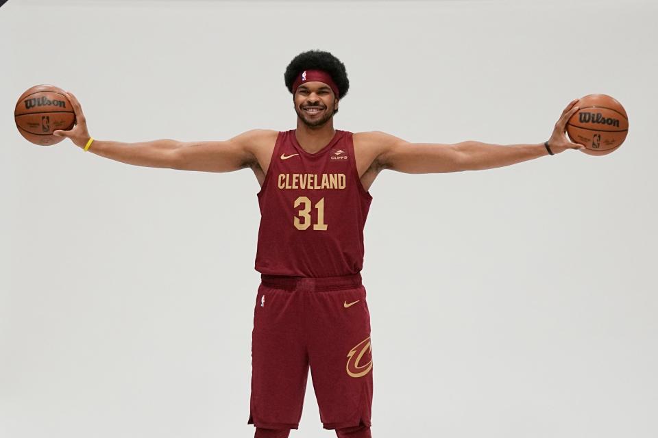 Cleveland Cavaliers center Jarrett Allen poses for a photo during an NBA media day, Monday, Oct. 2, 2023, in Cleveland. (AP Photo/Sue Ogrocki)