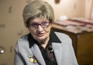 In this Wednesday, Jan. 23, 2019 photo, Tamara Chernykh, 81, a survivor of the Nazi siege of Leningrad during World War II, speaks to The Associated Press in St. Petersburg, Russia. The Nazi siege of Leningrad lasted nearly 2 and a half years until the Soviet Army drove the Nazi troops away on Jan. 27, 1944. Estimates of the death toll vary, but historians agree that more than one million Leningrad residents died of hunger and air and artillery bombardment in one of the most horrifying episodes of World War II. (AP Photo/Dmitri Lovetsky)