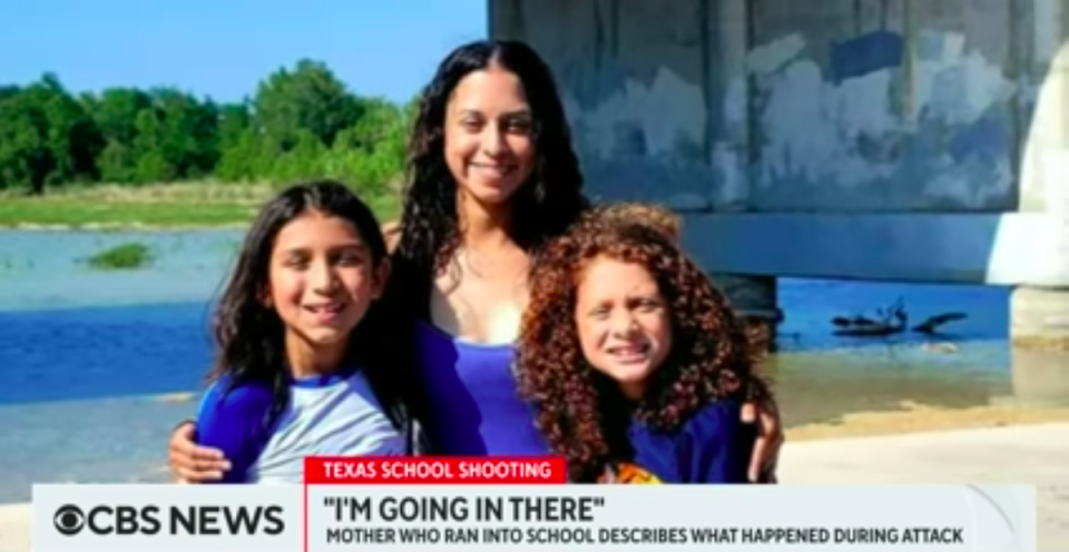 Angeli Rose Gomez poses with her two sons, who she rescued from inside Robb Elementary School during the 24 May mass shooting in Uvalde (CBS News/video screengrab)