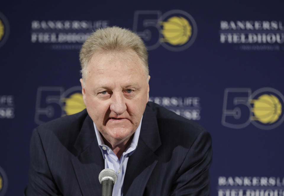 Larry Bird speaks after resigning from his position as Indiana Pacers president of basketball operations during a news conference Monday, May 1, 2017, in Indianapolis. (AP Photo/Darron Cummings)