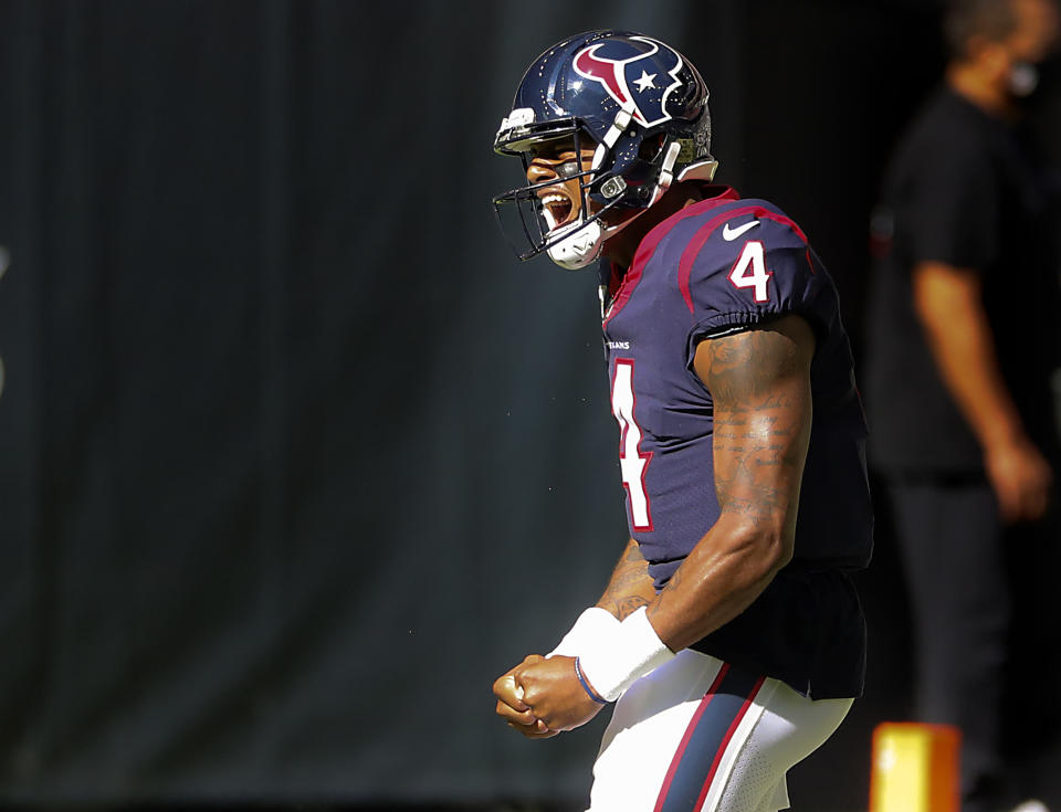 Houston Texans quarterback Deshaun Watson celebrates a touchdown against the New England Patriots.