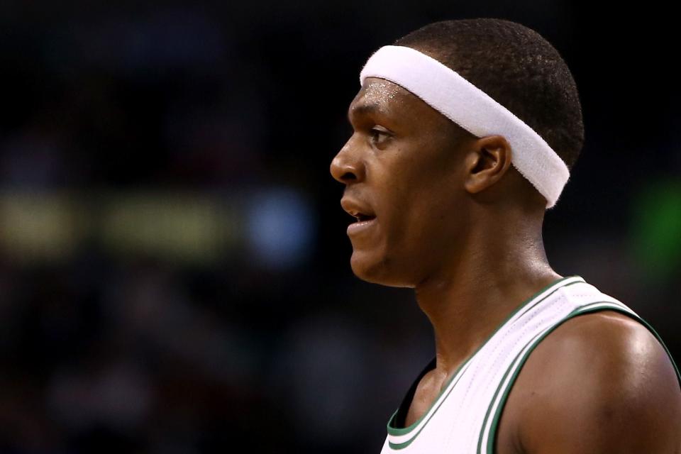 BOSTON, MA - NOVEMBER 14:  Rajon Rondo #9 of the Boston Celtics looks on against the Cleveland Cavaliers at TD Garden on November 14, 2014 in Boston, Massachusetts. NOTE TO USER: User expressly acknowledges and agrees that, by downloading and or using this photograph, User is consenting to the terms and conditions of the Getty Images License Agreement.  (Photo by Mike Lawrie/Getty Images)