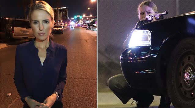 Seven News correspondent Ashlee Mullany (left) following her evacuation from the Mandalay Bay Hotel. A policewoman takes cover behind a car. Source: 7 News/AP