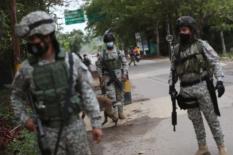 Colombian military soldiers patrol the streets in Arauquita