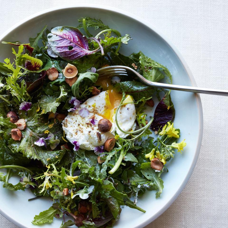 Mixed Greens with Poached Eggs, Hazelnuts and Spices