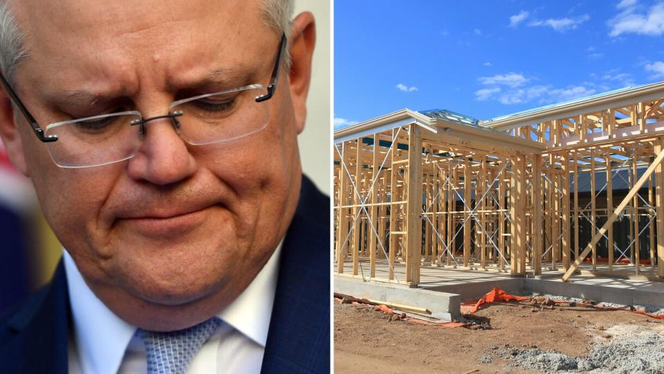 Pictured: Scott Morrison, Australian house being built. HomeBuilder package concept. Images: Getty