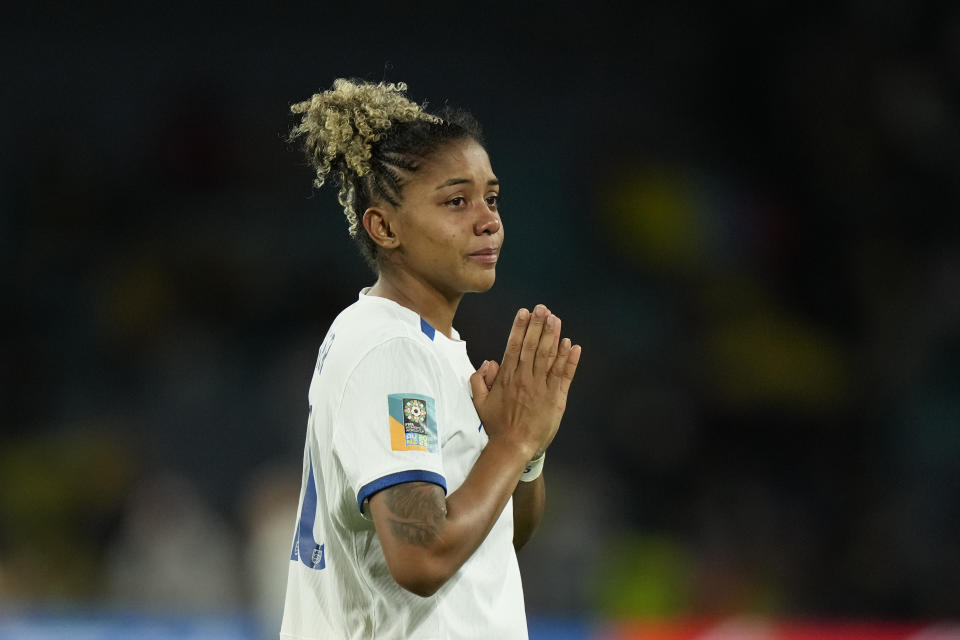 Colombia's Jorelyn Carabali reacts after the Women's World Cup quarterfinal soccer match between England and Colombia at Stadium Australia in Sydney, Australia, Saturday, Aug. 12, 2023. (AP Photo/Rick Rycroft)