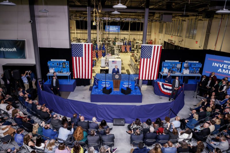 U.S. President Joe Biden speaks at a Wisconsin technical college on Wednesday during a campaign swing through the battleground state and Illinois. On the area of artificial intelligence, Biden says his administration has taken the “most significant action taken by a government” on AI regulations. Photo by Tannen Maury/UPI