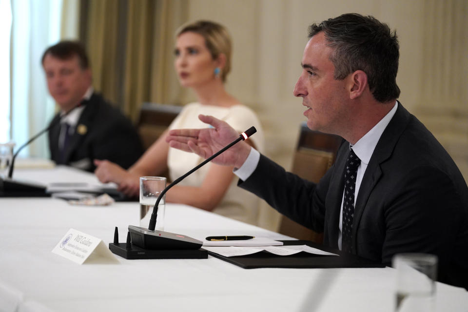 Will Guidara, Independent Restaurant Coalition and restauranteur of Eleven Madison Park, right, speaks during a meeting with restaurant industry executives about the coronavirus response, in the State Dining Room of the White House, Monday, May 18, 2020, in Washington. (AP Photo/Evan Vucci)