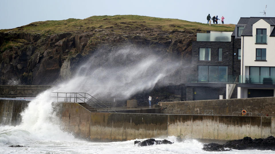 Big waves hit the sea wall at Portstewart in County Londonderry, Northern Ireland, before Storm Dudley hits the north of England/southern Scotland from Wednesday night into Thursday morning, closely followed by Storm Eunice, which will bring strong winds and the possibility of snow on Friday. Picture date: Wednesday February 16, 2022. (Photo by Niall Carson/PA Images via Getty Images)