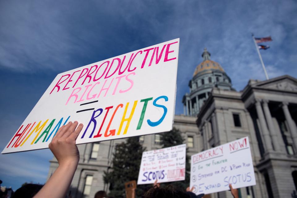 Activists hold signs aloft reading: Reproductive rights = woman rights and Democracy now!