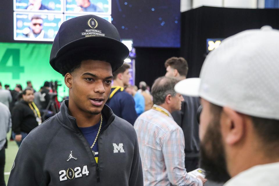 Michigan defensive back Will Johnson speaks during national championship game media day at George R. Brown Convention Center in Houston, Texas on Saturday, Jan. 6, 2024.