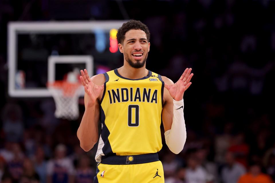 Indiana Pacers guard Tyrese Haliburton (0) reacts during the fourth quarter of game seven of the second round of the 2024 NBA playoffs against the New York Knicks at Madison Square Garden.