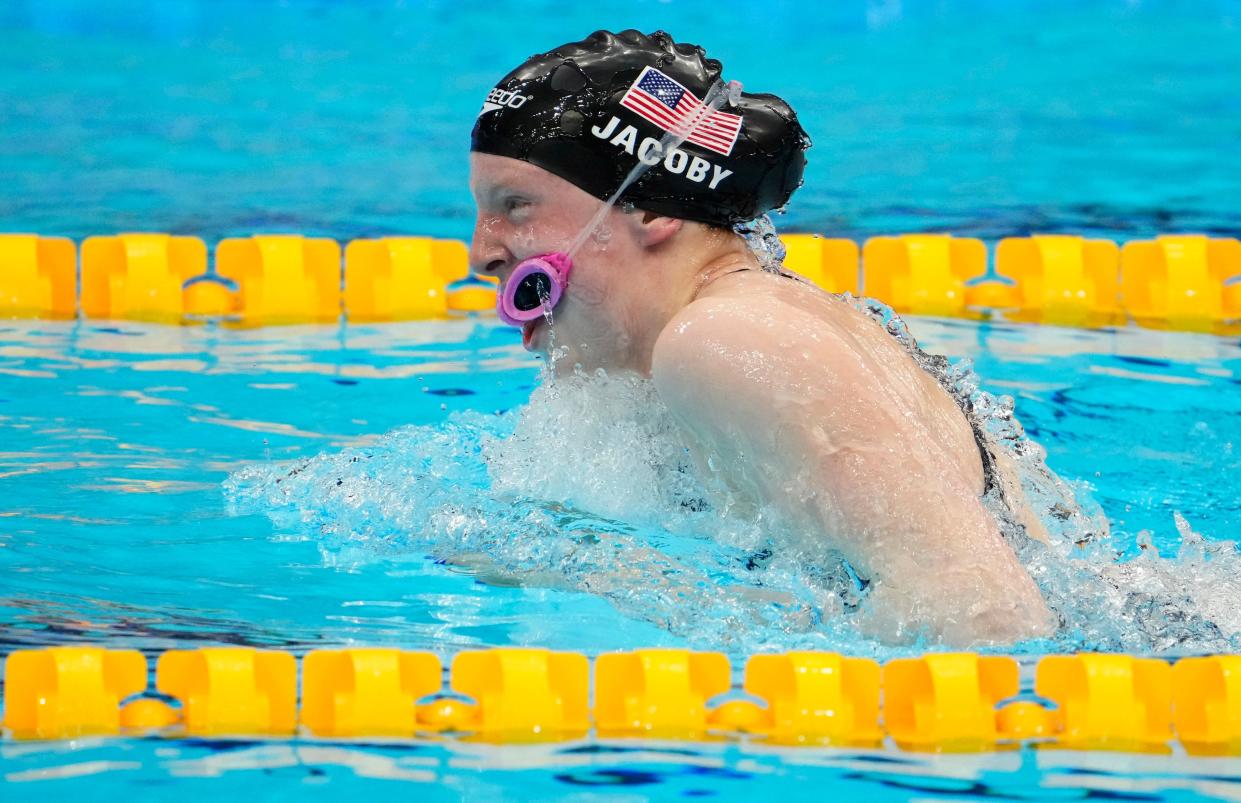 Lydia Jacoby in the mixed 4x100m medley relay final during the Tokyo 2020 Olympic Summer Games at Tokyo Aquatics Centre.