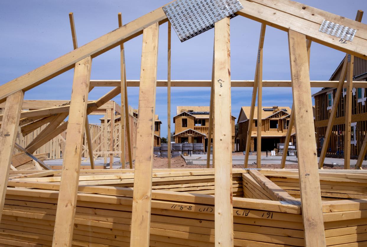 Homes under construction at Harvest Queen Creek, April 11, 2021, in Queen Creek, Arizona.