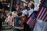 <p>People show support during the “I am a Muslim too” rally in Times Square, New York City on Feb. 19, 2017. (Gordon Donovan/Yahoo News) </p>