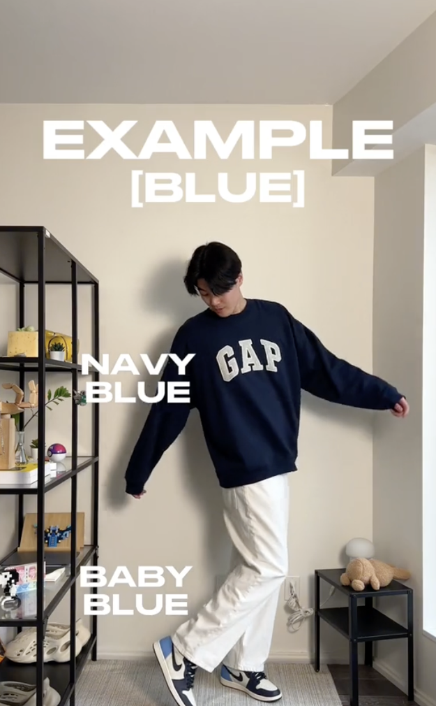 Person wearing a sweatshirt with text, standing in a room, with text labeling different shades of blue
