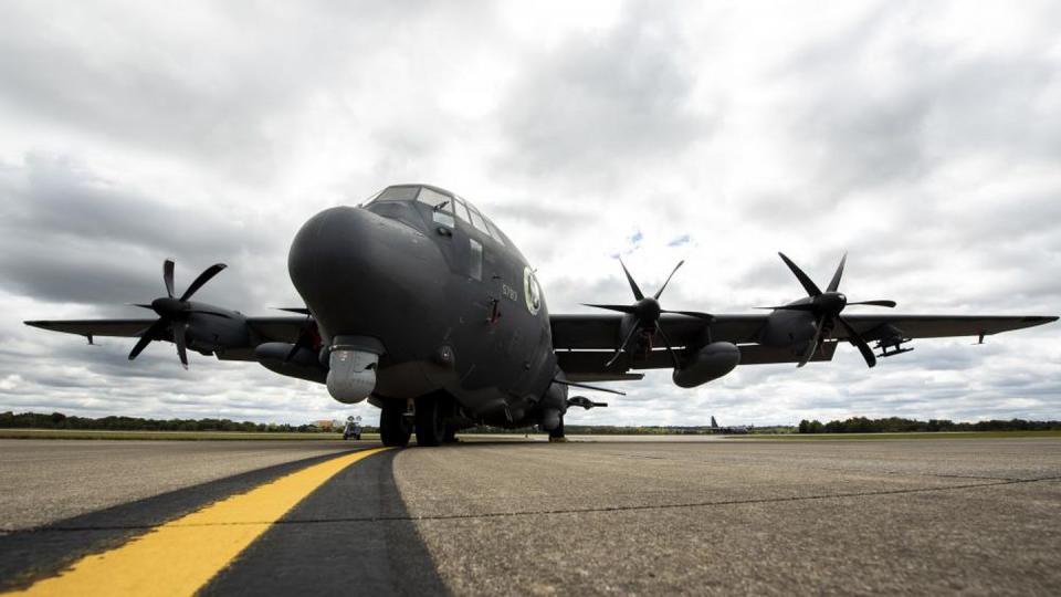 A U.S. Air Force AC-130J Ghostrider  is parked after temporarily relocating to Wright-Patterson Air Force Base, Ohio, during Hurricane Ian on Sept. 28, 2022. (Hannah Carranza/U.S. Air Force)