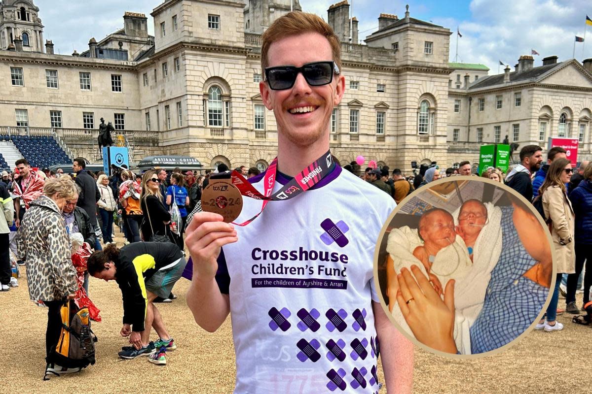 Callum Davidson, 26, with his London Marathon medal after running for Crosshouse Children's Fund and, inset, Callum and Andrew at birth <i>(Image: Crosshouse Childrens Fund)</i>