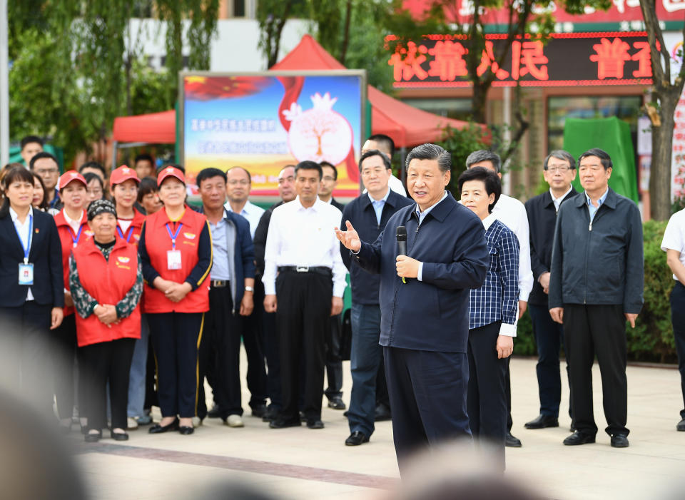 WUZHONG, June 8, 2020 -- Chinese President Xi Jinping, also general secretary of the Communist Party of China Central Committee and chairman of the Central Military Commission, learns about efforts to promote ethnic unity at Jinhuayuan community in Jinxing Township of Wuzhong City, northwest China's Ningxia Hui Autonomous Region, June 8, 2020. Xi inspected Ningxia on Monday. (Photo by Yan Yan/Xinhua via Getty) (Xinhua/Yan Yan via Getty Images)
