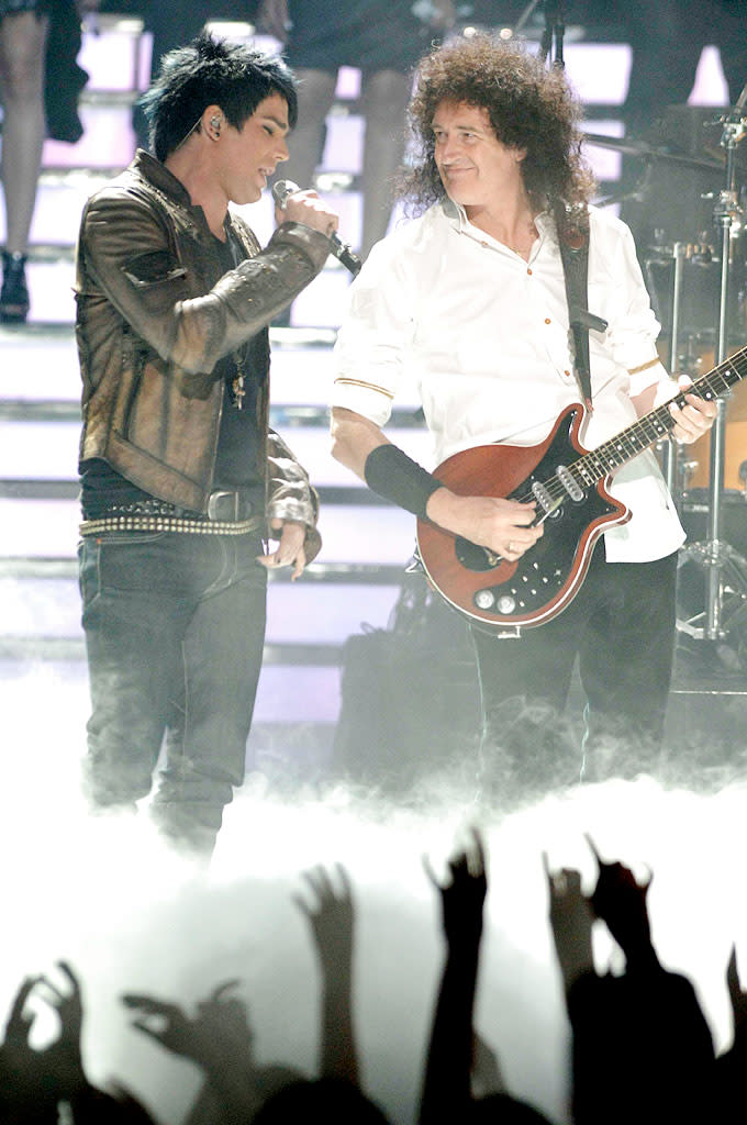 Adam Lambert performs with Queen onstage during the Season 8 finale of "American Idol."