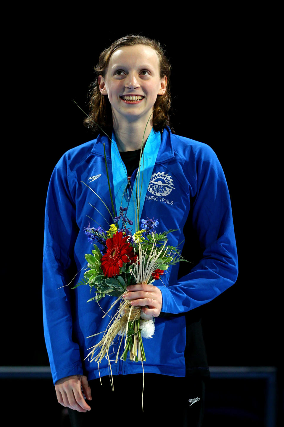 America's youngest swimmer, Kathleen Ledecky, 15, participates in the medal ceremony for the Women's 800 m Freestyle during Day Seven of the 2012 U.S. Olympic Swimming Team Trials at CenturyLink Center on July 1, 2012 in Omaha, Nebraska. (Al Bello/Getty Images)