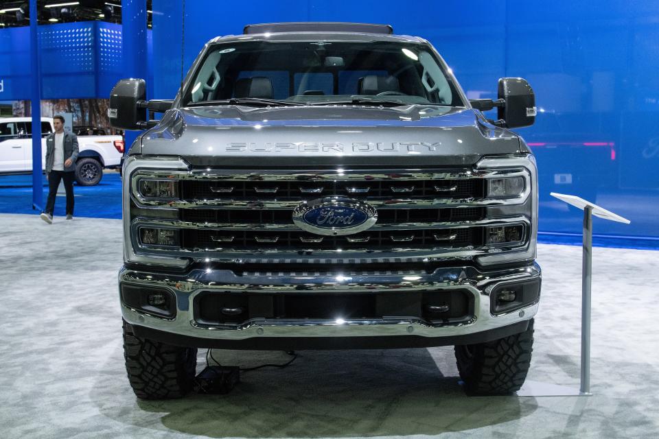 DETROIT, MICHIGAN, USA - SEPTEMBER 16: The Ford Super Duty Truck, a North American Car, Truck and Utility Vehicle of the Year finalist, sits on display at the North American International Auto Show, now open to the public at the Huntington Place in Detroit, Michigan. This year's event showcases the latest models from auto manufacturers around the globe. With a large focus on electric vehicles from major manufacturers like Ford, GM, Stellantis, Toyota and more, the auto show also features innovative concept designs like Alef's flying car. (Photo by Adam J. Dewey/Anadolu Agency via Getty Images)