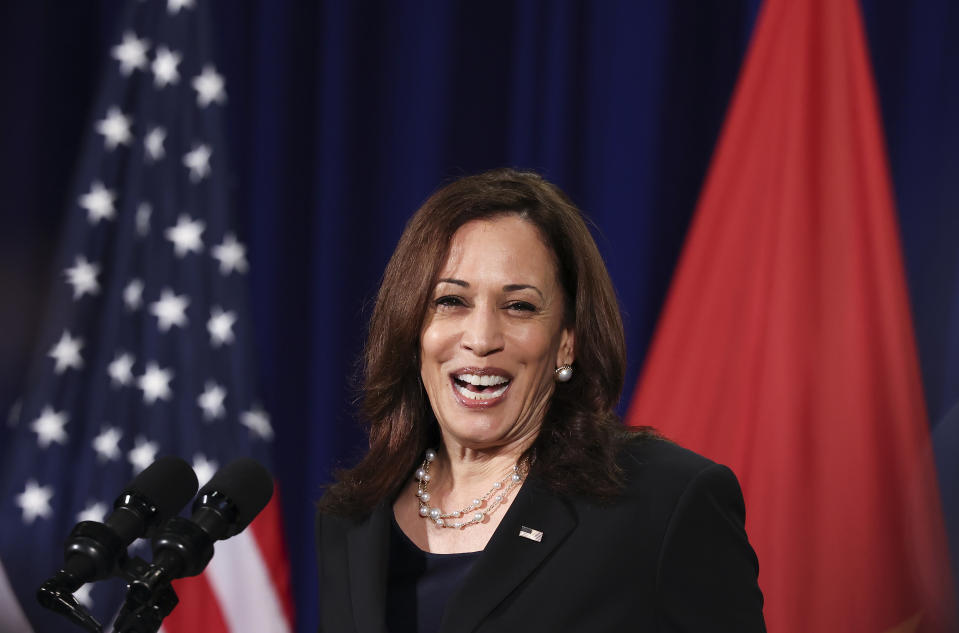 U.S. Vice President Kamala Harris holds a news conference before departing Vietnam for the United States following her first official visit to Asia in Hanoi, Vietnam, Thursday, Aug. 26, 2021. (Evelyn Hockstein/Pool Photo via AP)