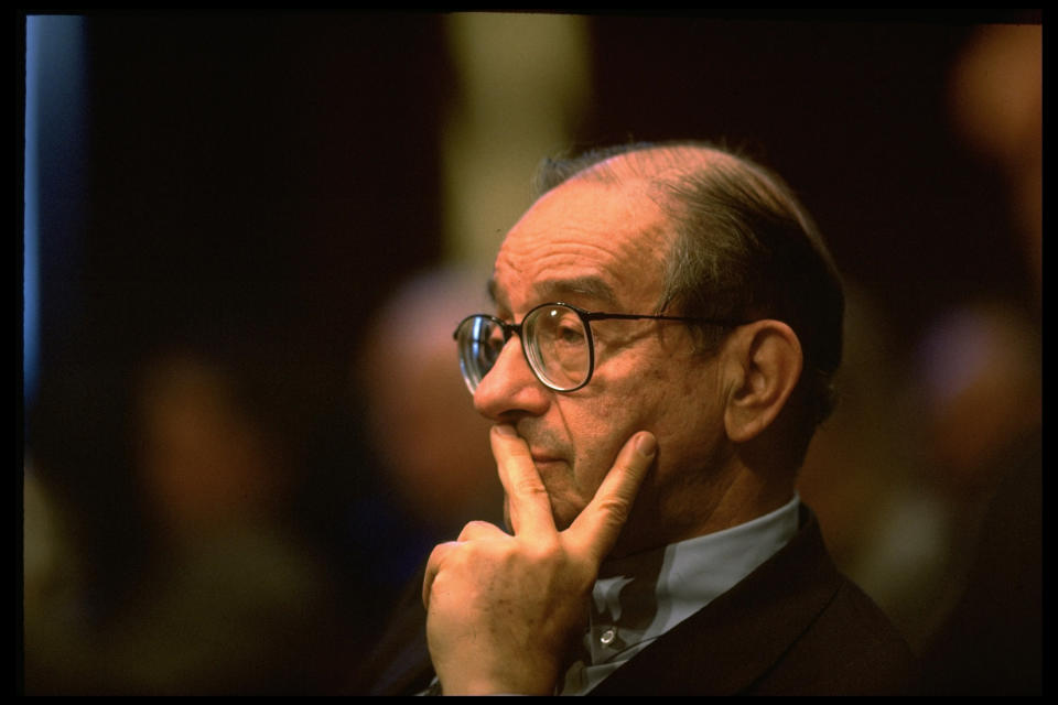 Federal Reserve Bd. chmn. Alan Greenspan testifying before Sen. Banking Comm. re US loan bailout of ailing Mexican economy.  (Photo by Terry Ashe/The LIFE Images Collection via Getty Images/Getty Images)