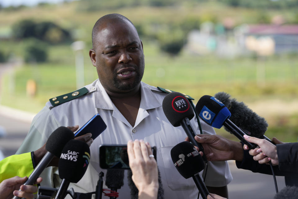Department of Justice and Correctional Services spokesman, Singabakho Nxumalo, addresses the media outside the Atteridgeville Prison in Pretoria, South Africa, Friday March 31, 2023, where a parole hearing for Oscar Pistorius was held. Former Olympic runner Oscar Pistorius was denied parole Friday and will have to stay in prison at least another year and four months after it was decided that he had not served the “minimum detention period” required to be released following his murder conviction for the 2013 killing of girlfriend Reeva Steenkamp. (AP Photo/Themba Hadebe)