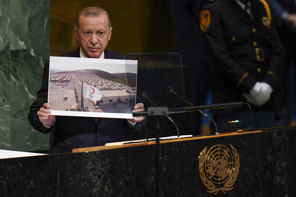 Recep Tayyip Erdogan, President of Turkey, addresses the 77th session of the General Assembly at United Nations headquarters, Tuesday, Sept. 20, 2022. (AP Photo/Seth Wenig)