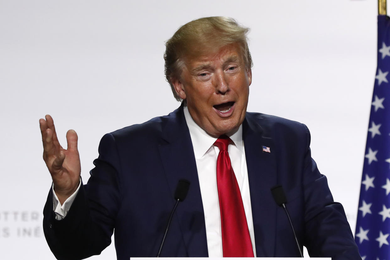 U.S President Donald Trump speaks during the final press conference with French President Emmanuel Macron during the G7 summit Monday, Aug. 26, 2019 in Biarritz, southwestern France. (AP Photo/Francois Mori)