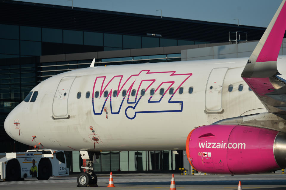 A view of Wizzair grounded plane at the John Paul II Krakow-Balice International Airport. Wizz Air, the CEE regions largest budget airline, celebrated the 16th anniversary of its founding via offering a 16% discount on bookings.  On Monday, May 18, 2020, in John Paul II Krakow-Balice International Airport, Krakow, Poland. (Photo by Artur Widak/NurPhoto via Getty Images)