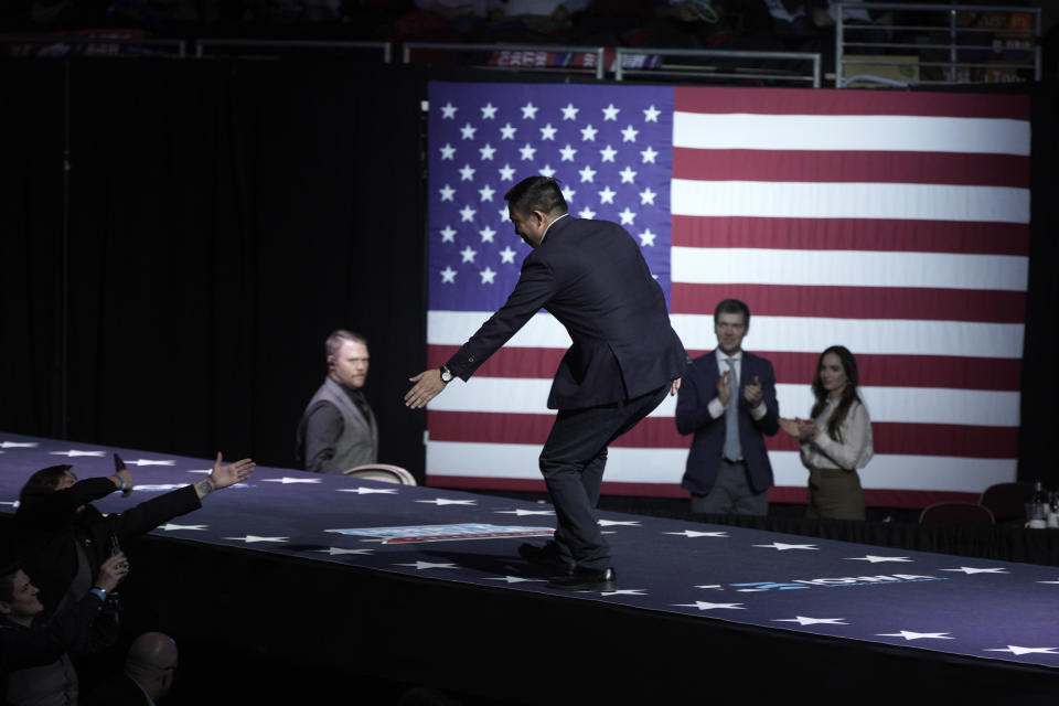 Democratic presidential candidate entrepreneur Andrew Yang greets a supporter after speaking at the Iowa Democratic Party's Liberty and Justice Celebration, Friday, Nov. 1, 2019, in Des Moines, Iowa. (AP Photo/Nati Harnik)