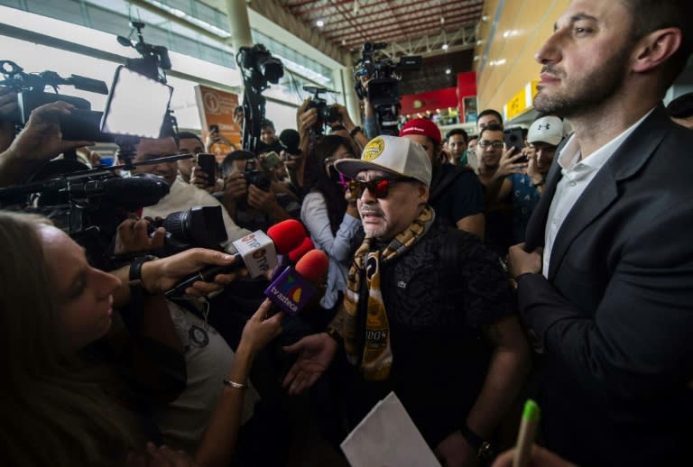 Diego Maradona was mobbed at Culiacan airport after he flew in to be presented as coach of Mexican second-division club Dorados