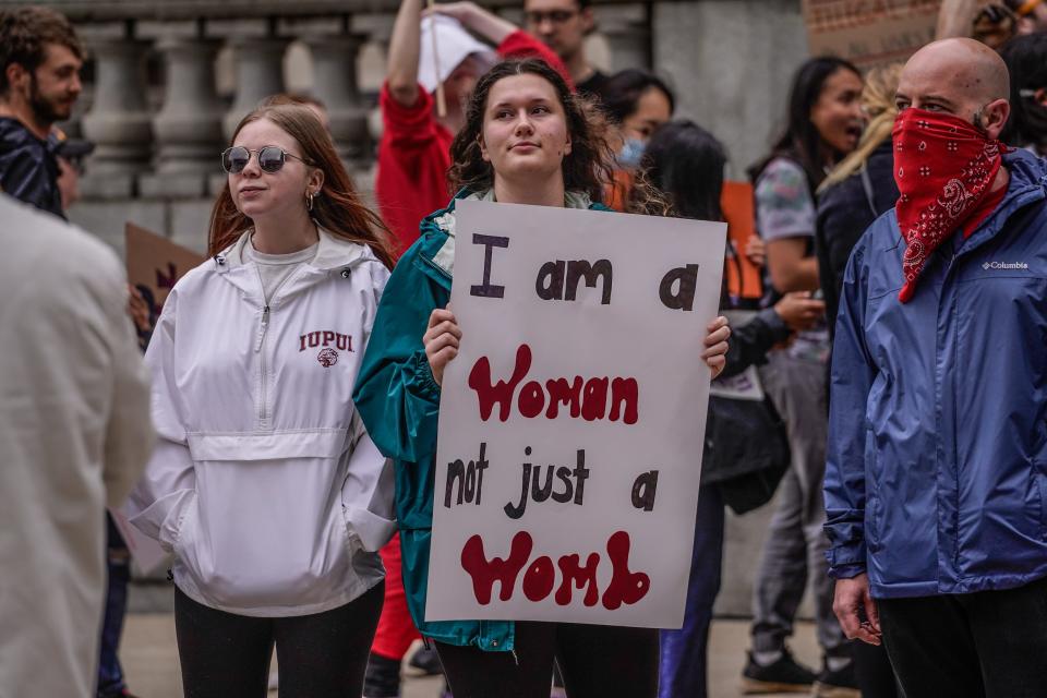 Supporters of abortion rights and anti-abortion rights gather for a protest at the Indiana Federal Courthouse on Tuesday, May 3, 2022, in Indianapolis.