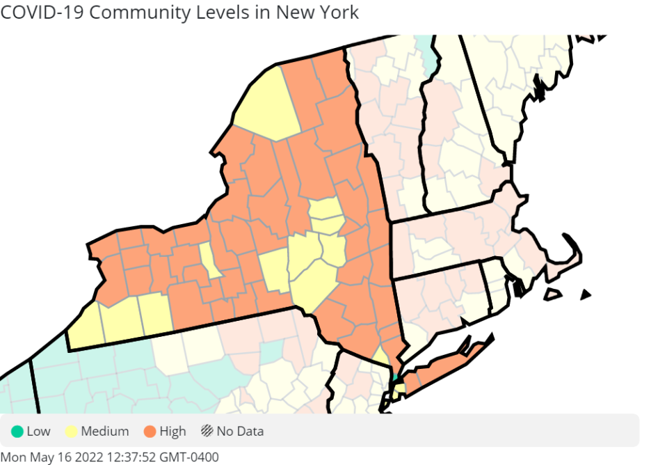 COVID-19 community risk levels as of May 16, 2022, according to CDC guidance