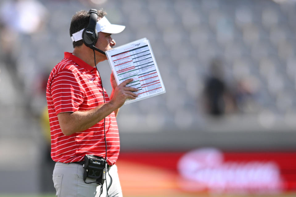 Sep 3, 2022; San Diego, California, USA; Arizona Wildcats head coach Jedd Fisch looks on from the sideline during the second half against the San Diego State Aztecs at Snapdragon Stadium. Mandatory Credit: Orlando Ramirez-USA TODAY Sports