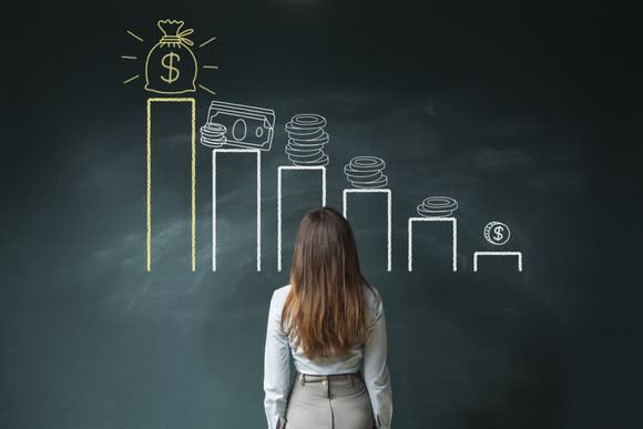 Businesswoman looking at chalkboard with chart denoting money growth.