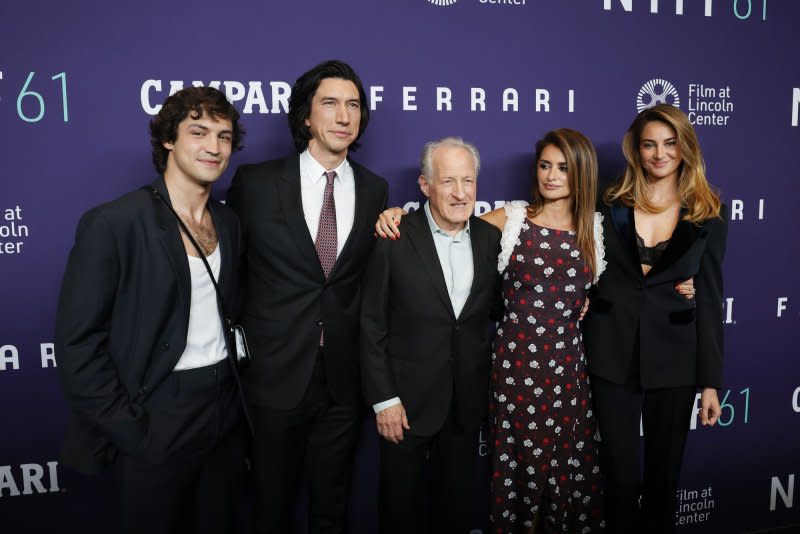 From left to right, Gabriel Leone, Adam Driver, Michael Mann, Penelope Cruz and Shailene Woodley arrive on the red carpet for "Ferrari" during the 61st New York Film Festival at Lincoln Center on Oct. 13 in New York City. Photo by John Angelillo/UPI
