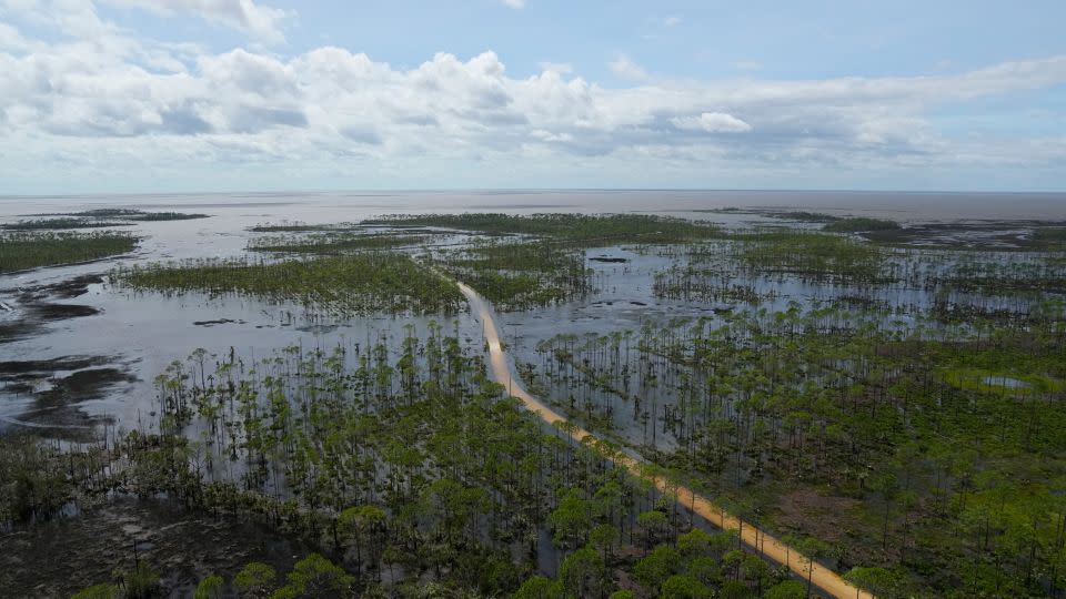 Receding storm waters cover a road near Fish Creek, Florida, after Hurricane Idalia. - Rebecca Blackwell/AP